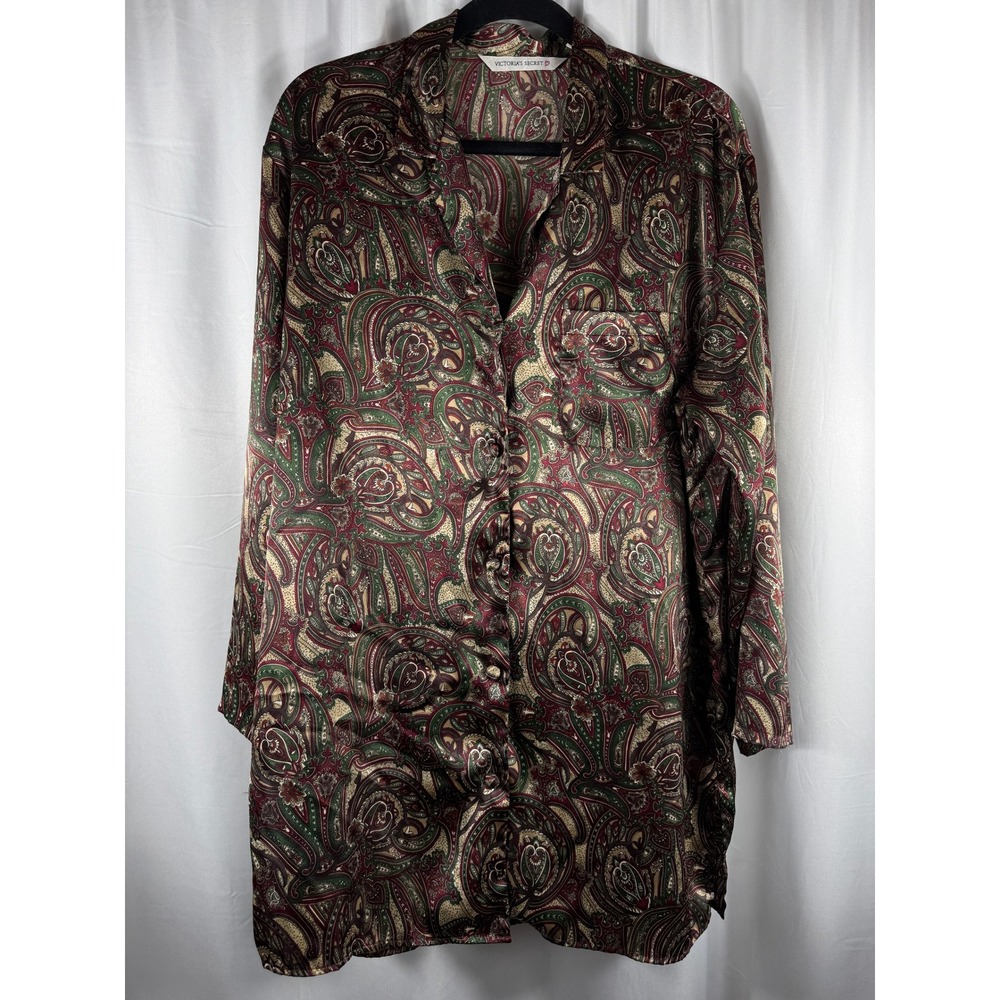 VICTORIAS SECRET Vintage‎ 90's Paisley Satin Long Sleeve Button Up Sleep Shirt M